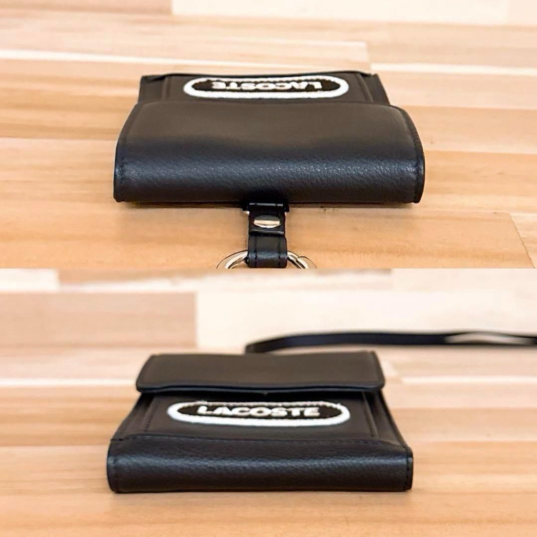  ラコステ 本革レザー スクエア ショルダー ウォレット ポーチ財布 黒×白 二つ折り財布 折り財布