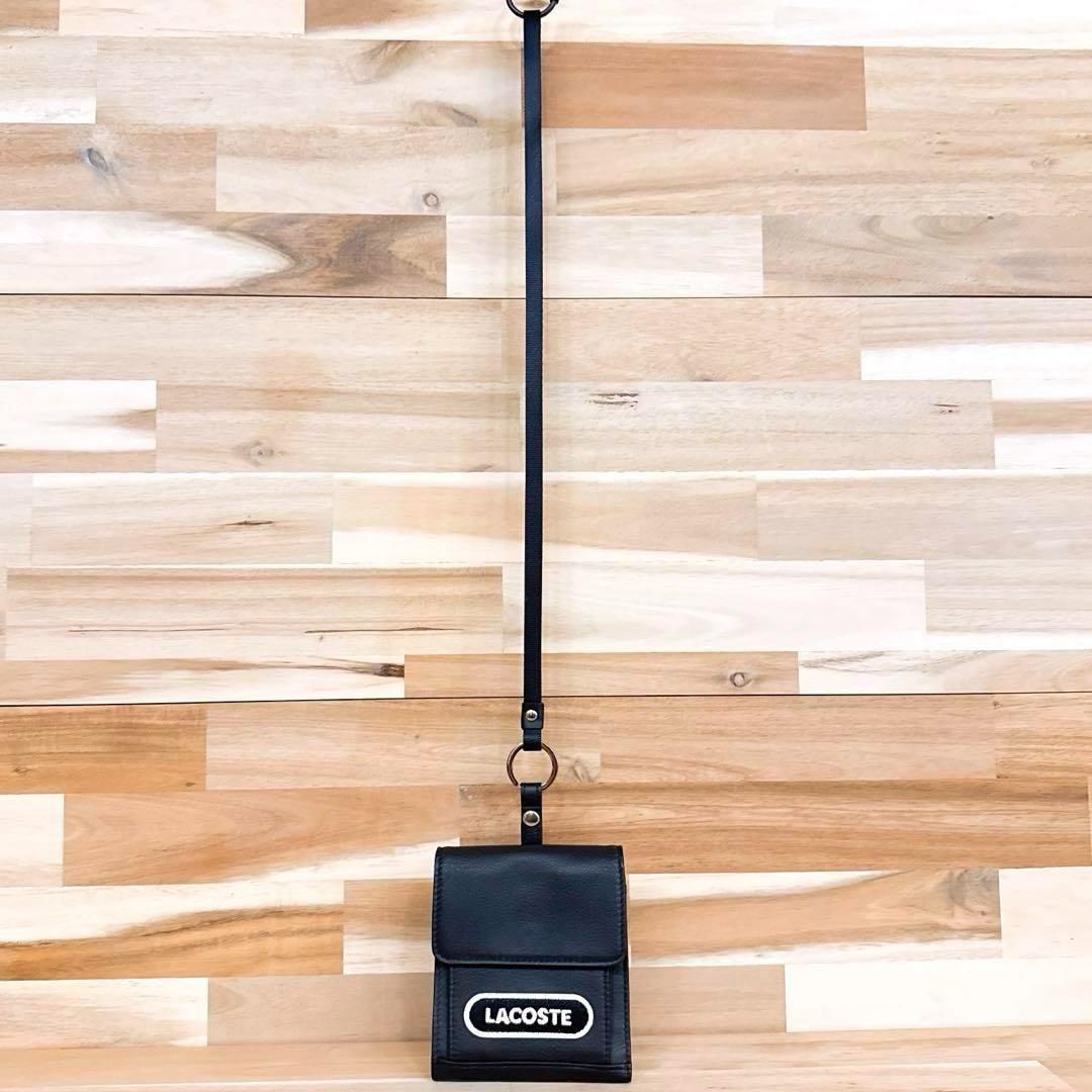 ラコステ 本革レザー スクエア ショルダー ウォレット ポーチ財布 黒×白