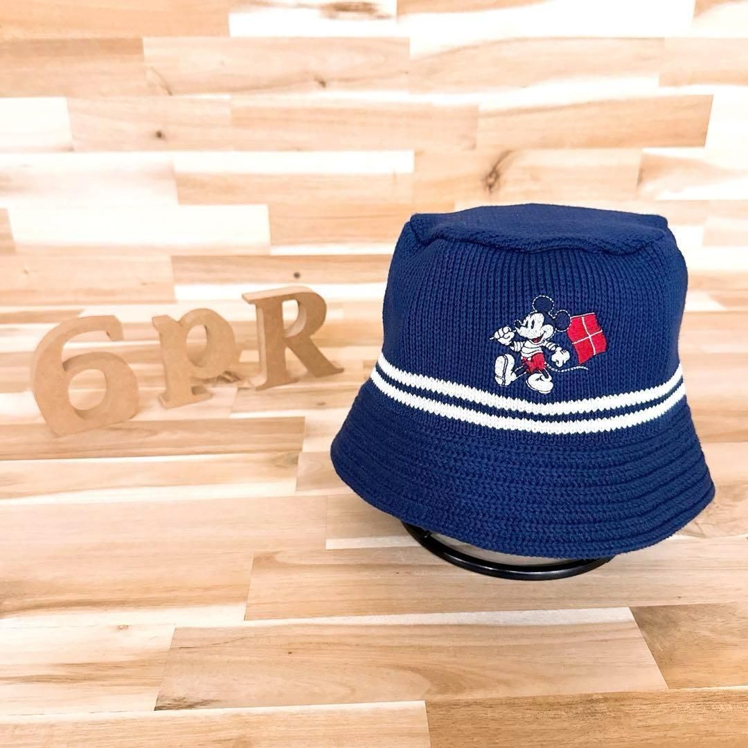 90 s ディズニー レトロ ミッキー刺繍ニット セーラーハット ビンテージ 紺