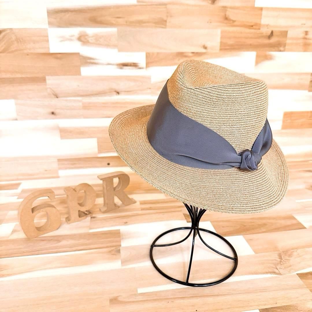 アシーナニューヨーク ボリューム リボン ペーパーハット ベージュ×グレージュ