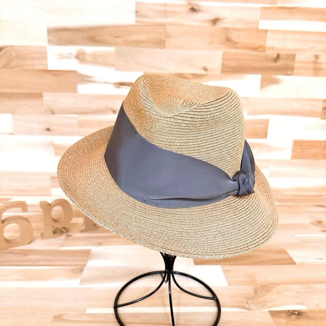 アシーナニューヨーク ボリューム リボン ペーパーハット ベージュ×グレージュ