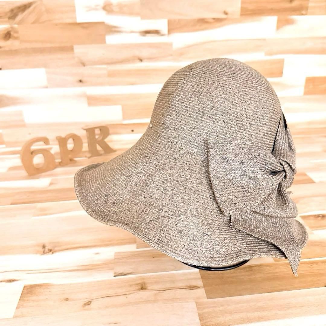 カシラ ボリューム ビッグ リボン メタル ロゴ ペーパー ハット グレージュ