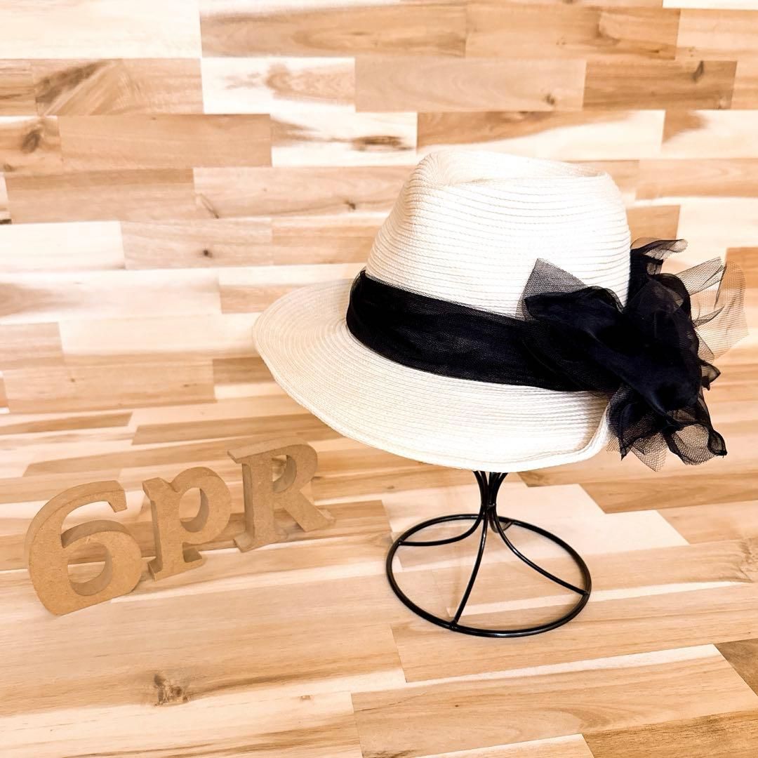 カシラ チュール×オーガンジー ビッグ リボン 麦わら ペーパーハット 白×黒ブラック