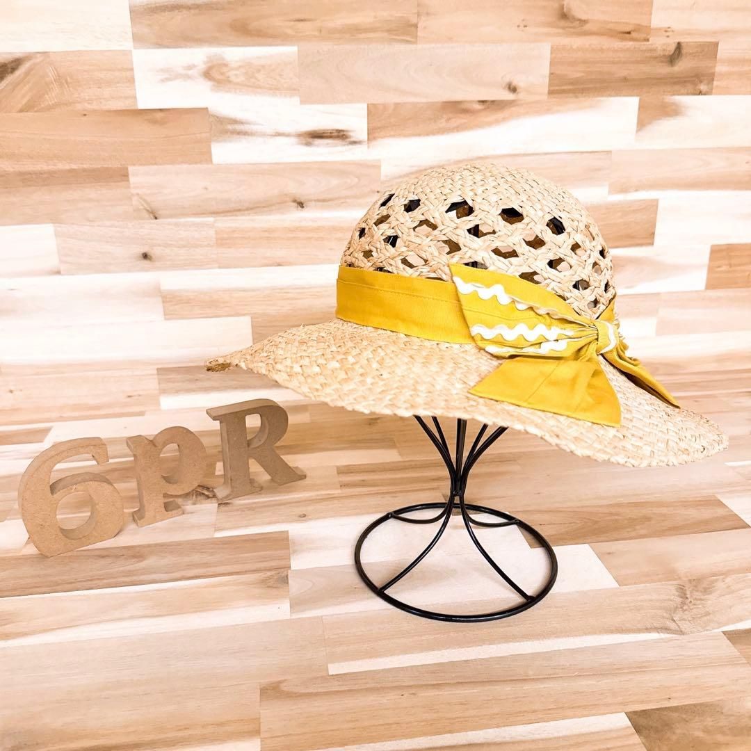 カシラ 天然草 クラウン メッシュ ストローハット 麦わら帽子 ベージュ×黄
