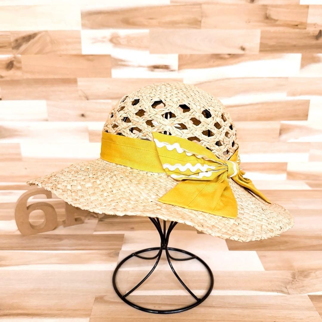 カシラ 天然草 クラウン メッシュ ストローハット 麦わら帽子 ベージュ×黄