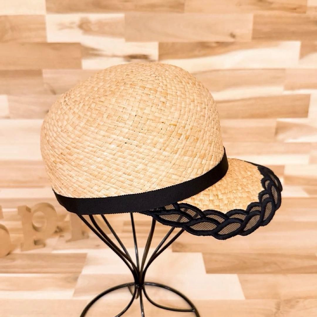 麦わらキャスケット ベージュ×黒ブラック