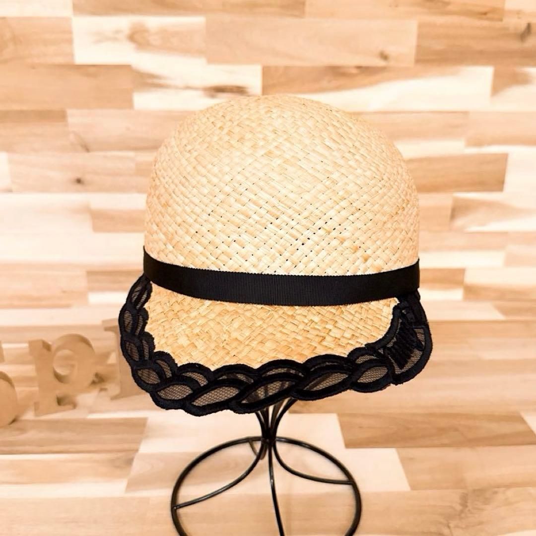 カシラ レース バイザー 天然草ラフィア 麦わらキャスケット ベージュ×黒ブラック