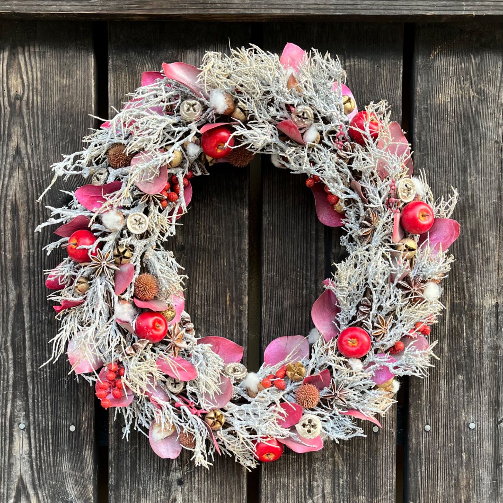 白枝とりんごのクリスマスリース 大きなサイズ