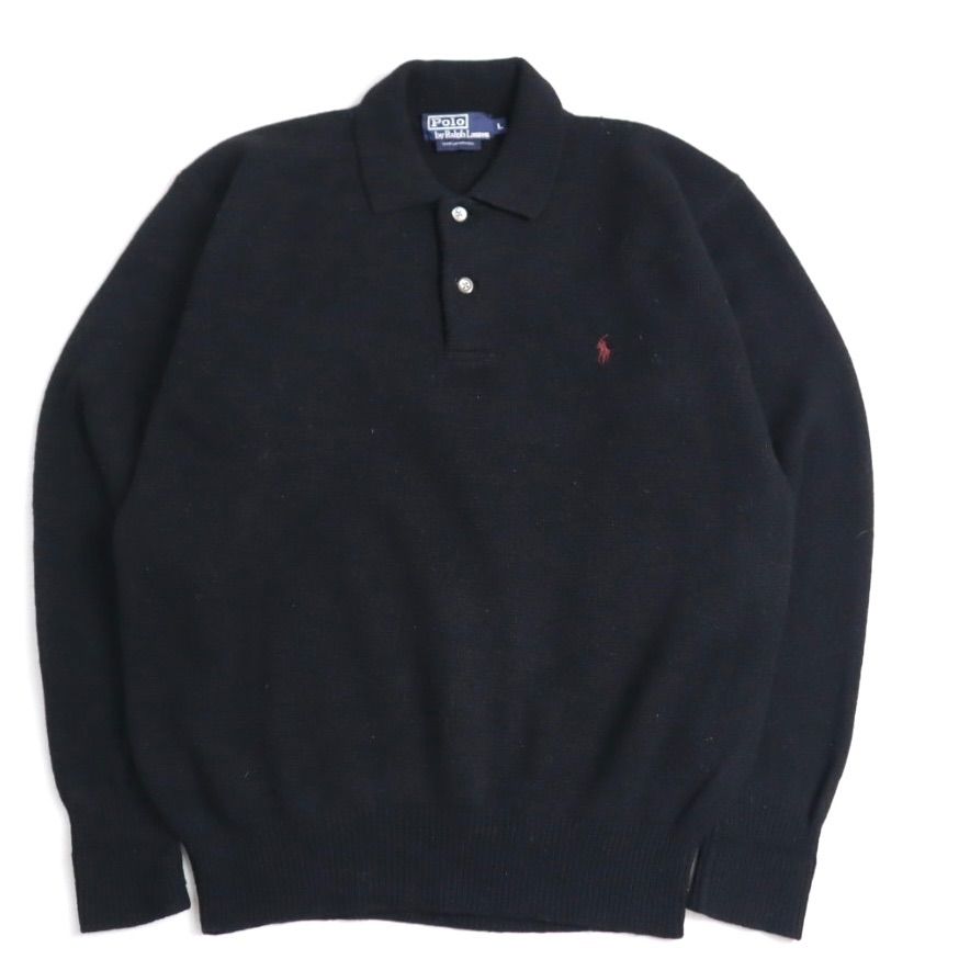 80s 90s Polo by Ralph Lauren ポロバイラルフローレン ラムウール 襟付き 長袖 ニットポロシャツ ブラック 黒