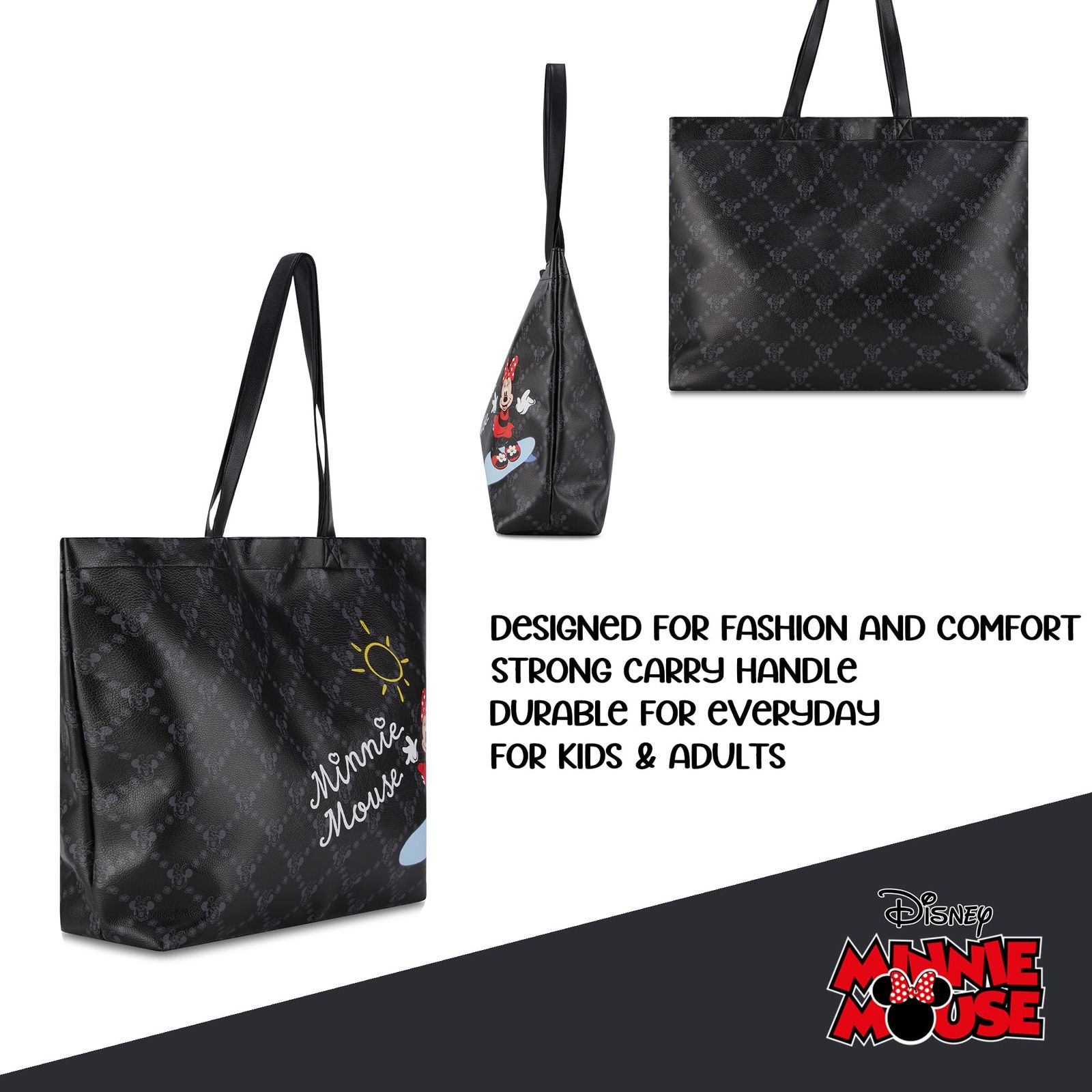 ディズニー ミニーマウス トートバッグ - 女の子 男の子 ティーン 大人 フェイクPUレザートートハンドバッグ ブラック ワンサイズ ホワイト One Size