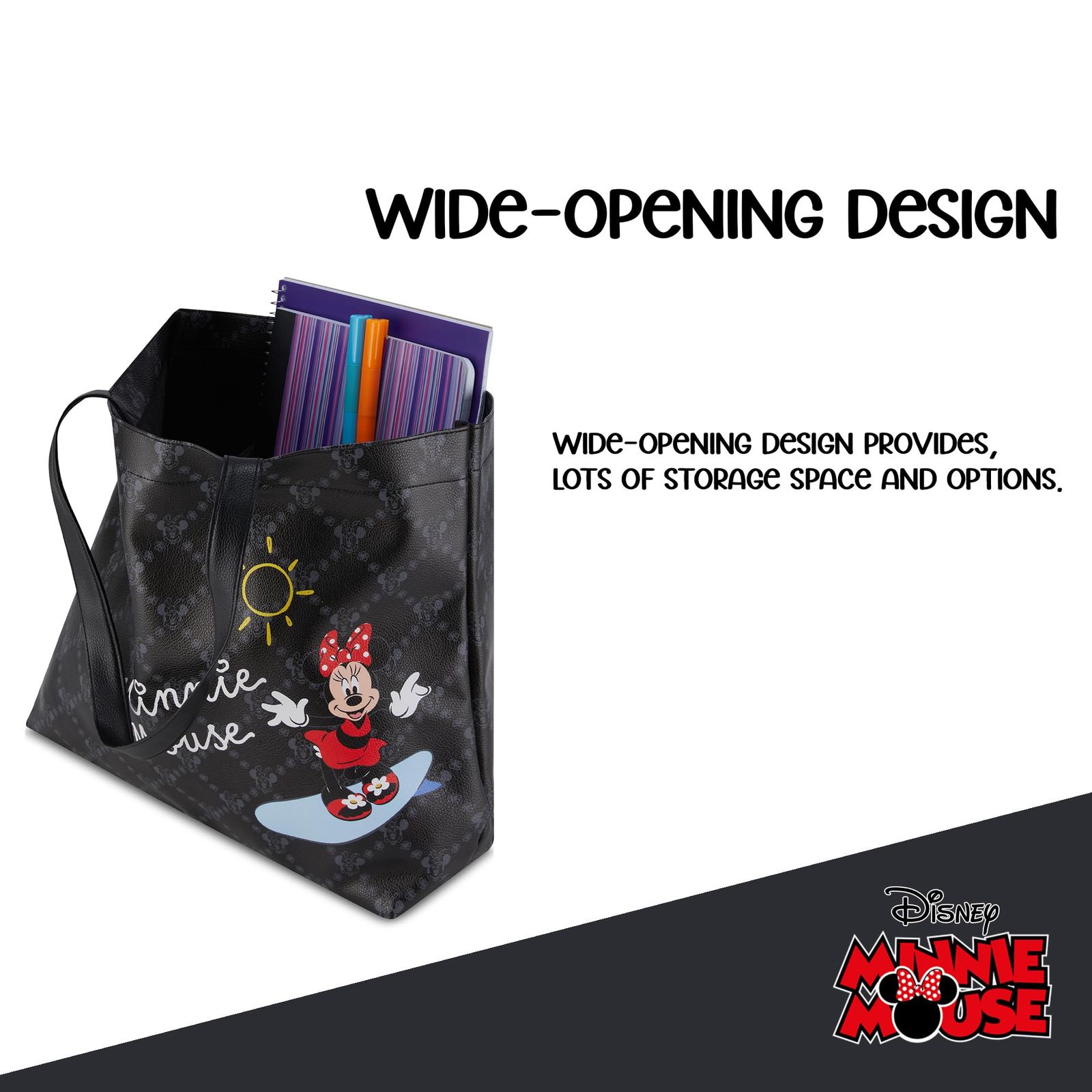  ディズニー ミニーマウス トートバッグ - 女の子 男の子 ティーン 大人 フェイクPUレザートートハンドバッグ ブラック ワンサイズ ホワイト One Size その他 靴