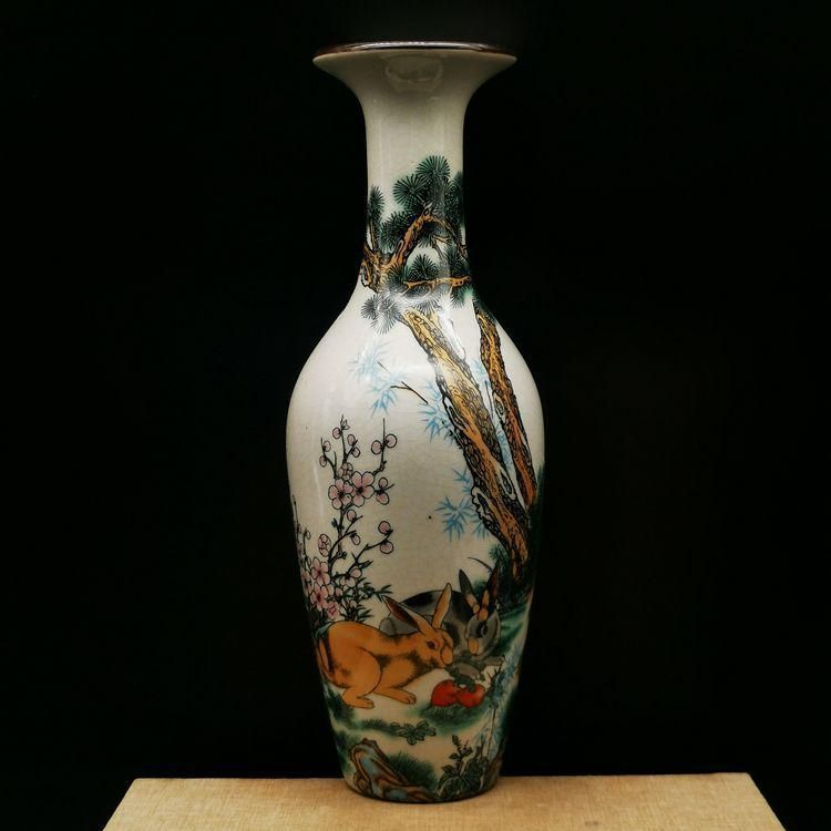 乾隆粉彩兎兎美人尖花瓶 景徳鎮 陶磁器 装飾品 現代工芸品美術品 置物