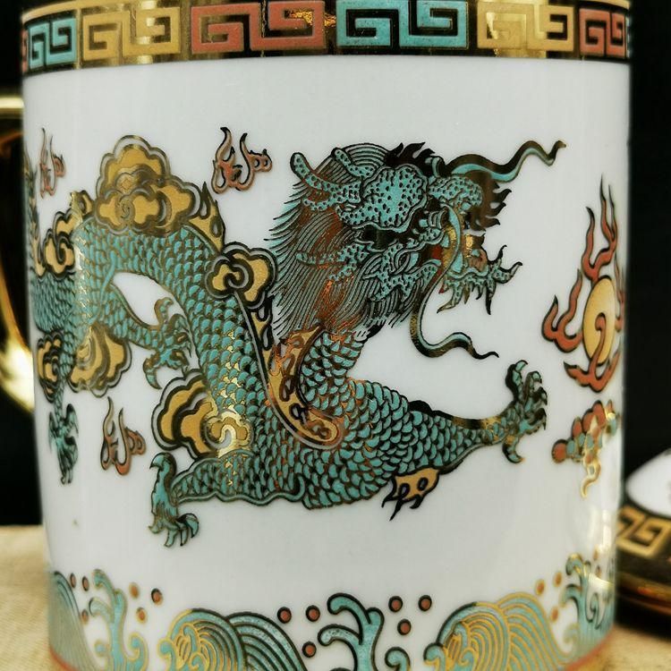 【新品未使用】中国工芸美術品 茶具 双龍戯珠茶杯蓋碗 中国美術 煎茶道具 茶器 陶磁器 現代工芸品 美術品