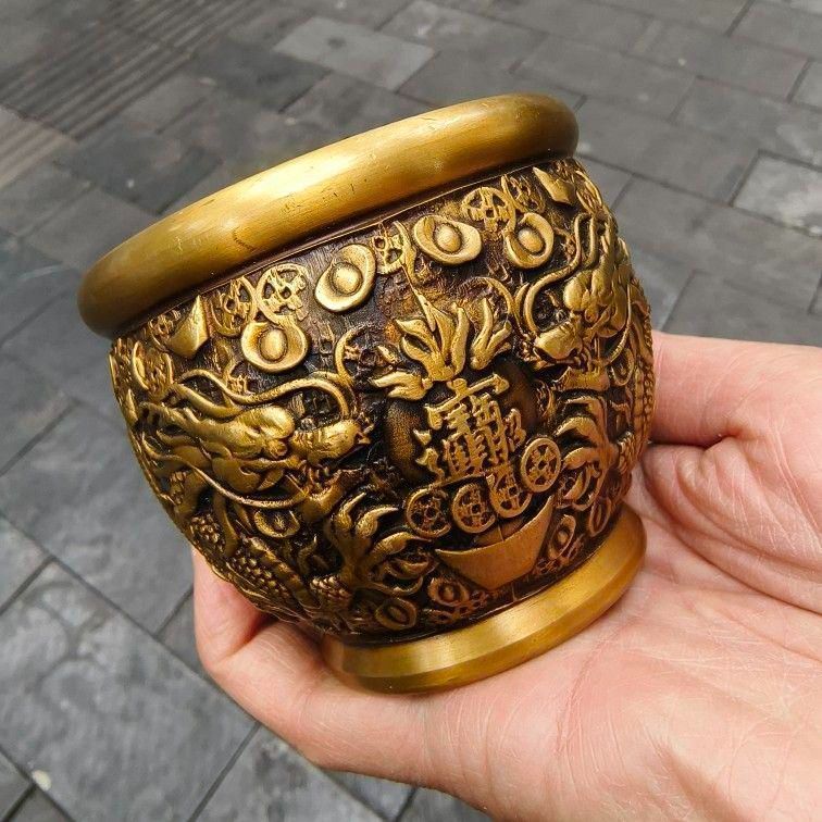 銅細工 聚宝盆 置物 招米 聚米 大盆 工芸品 装飾品 美術品 銅細工