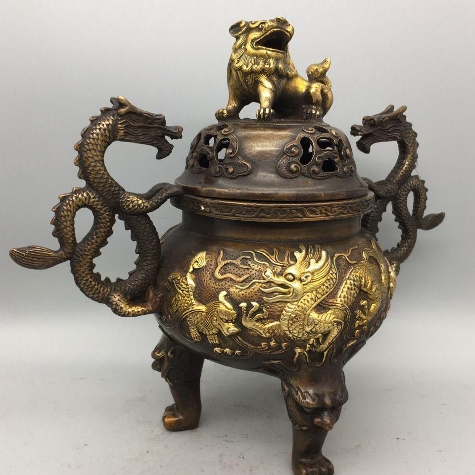 獅子蓋 双龍耳 香炉 書房 茶道 工芸品 装飾品 美術品 置物 - メルカリ