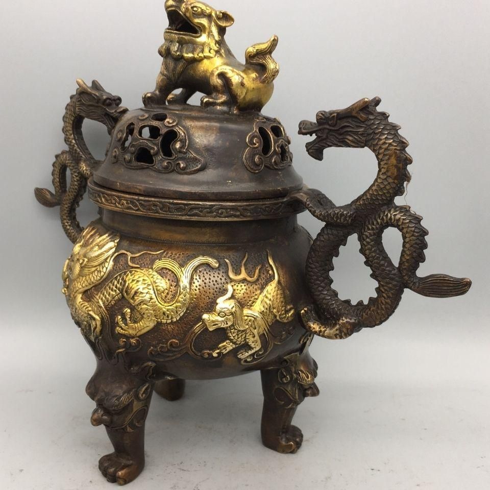 獅子蓋 双龍耳 香炉 書房 茶道 工芸品 装飾品 美術品 置物 - メルカリ