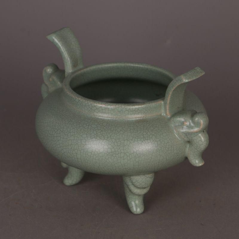 宋汝窯 青釉双耳竜頭三足香炉 景徳鎮 陶磁器 装飾品 現代工芸品 美術品
