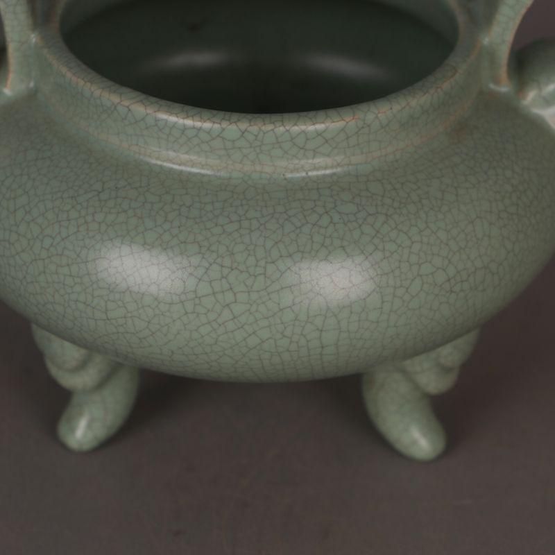 宋汝窯 青釉双耳竜頭三足香炉 景徳鎮 陶磁器 装飾品 現代工芸品 美術品