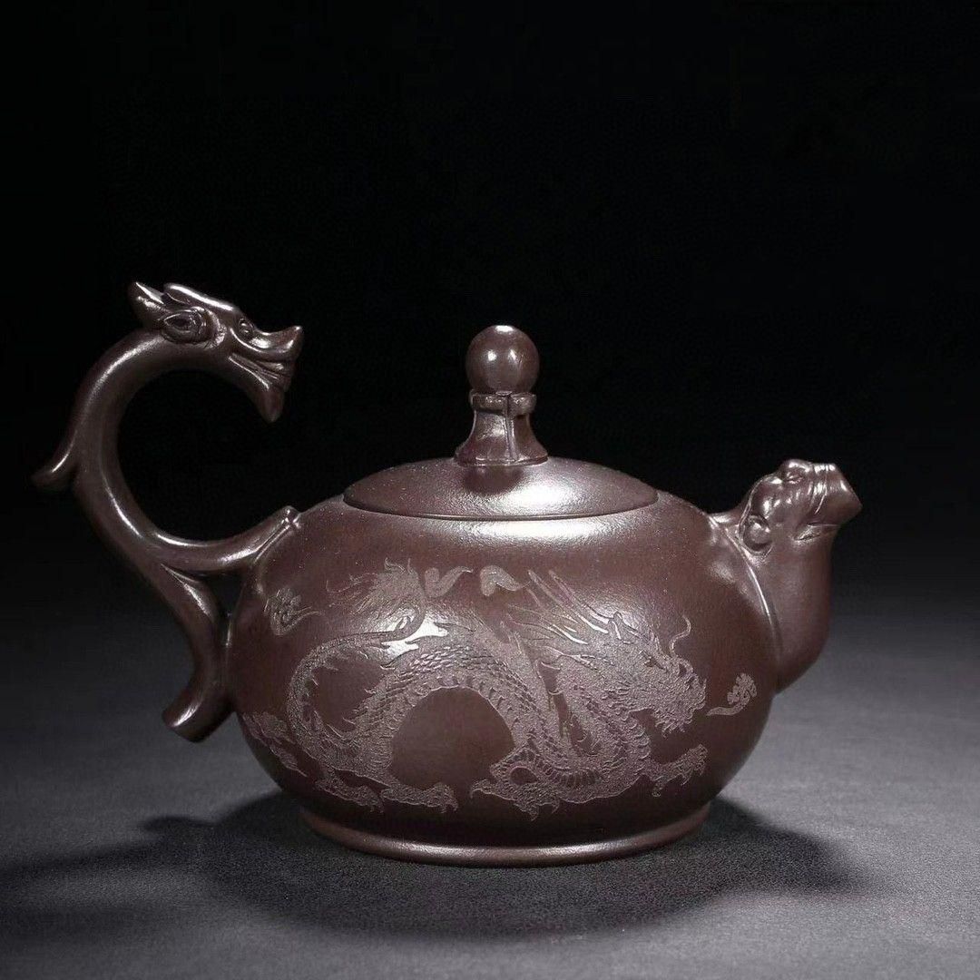 中国宜興 紫砂壷 茶壷 原鉱紫泥 遊竜戯珠紫砂壷