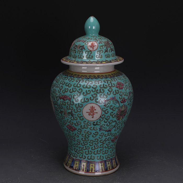 グリーンパステル万寿無彊将軍缶 景徳鎮 陶磁器 装飾品 現代 置物