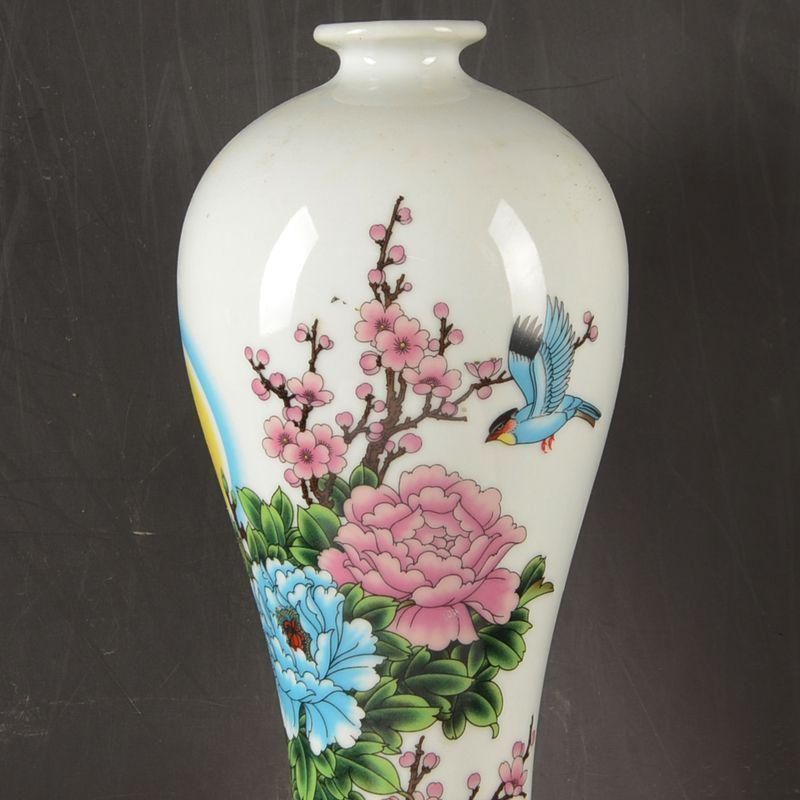 パステル牡丹花鳥紋の梅瓶 景徳鎮 陶磁器 装飾品 現代工芸品 美術品