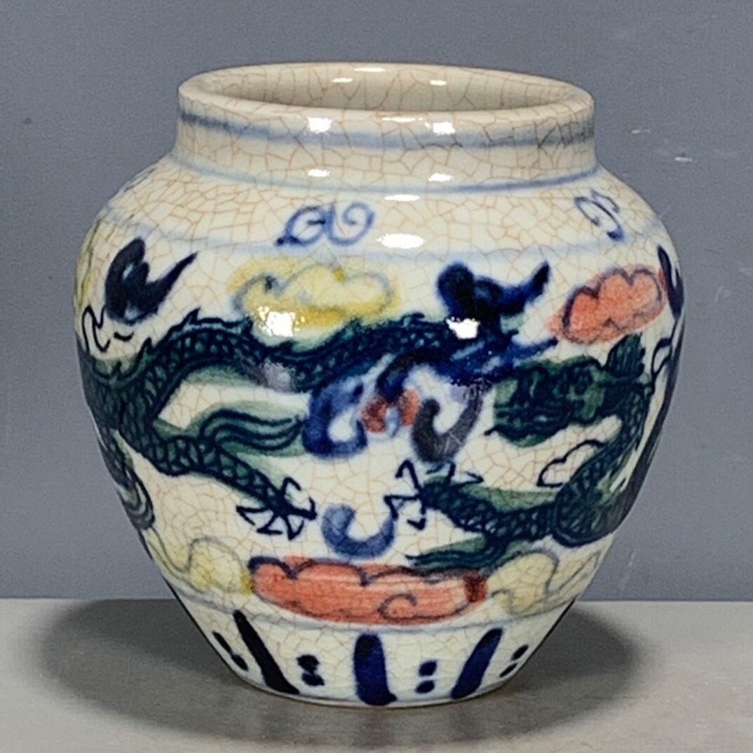 明青花五彩龍紋缶 景徳鎮 陶磁器 装飾品 現代工芸品 美術品 置物