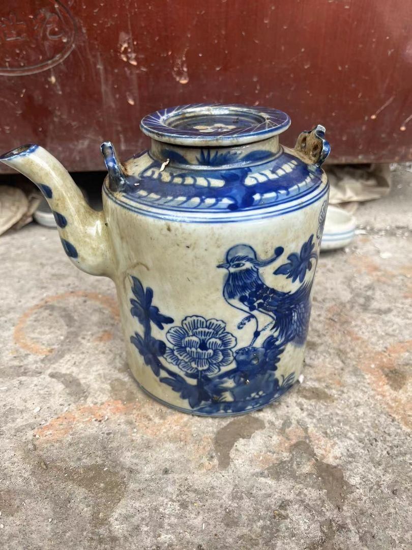 中国美術 手描き 青花花鳥紋 提梁壺 急須