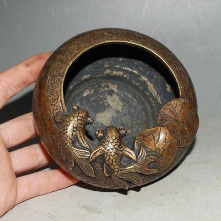 銅 細工 金魚ハスの葉ペン洗い 書道具 文房具 現代工芸品 美術品 置物 銅 細工 金魚ハスの葉ペン洗い 書道具 文房具 現代工芸品 美術品 置物