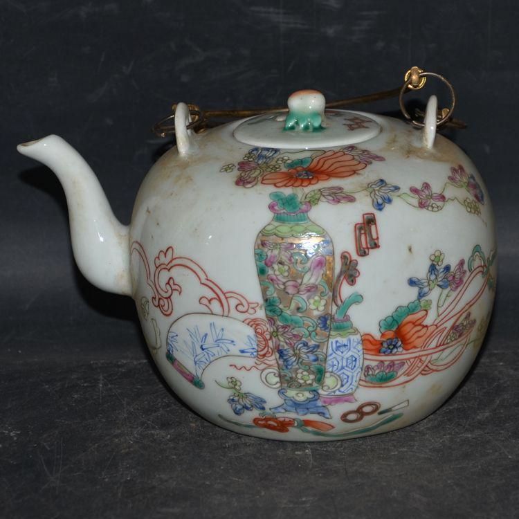 手画 パステル博古紋 提梁壺 急須 茶道具 煎茶道具