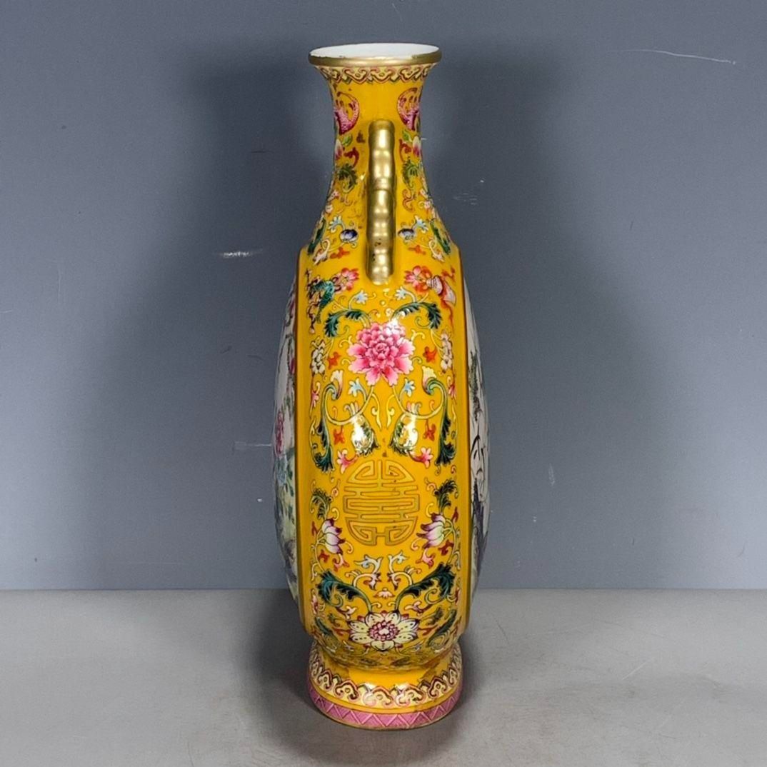 乾隆黄釉蒔絵開窓粉彩鶴抱月甁 花瓶 景徳鎮 陶磁器 装飾品 工芸品美術