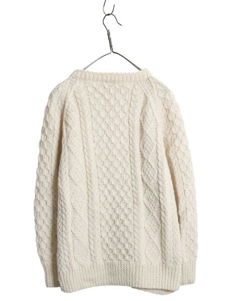 お得な アイランド製 フィッシャーマン ウール ニット カーディガン レディース M ハンドメイド アラン ケーブル セーター 前開き 丸首 ナチュラル