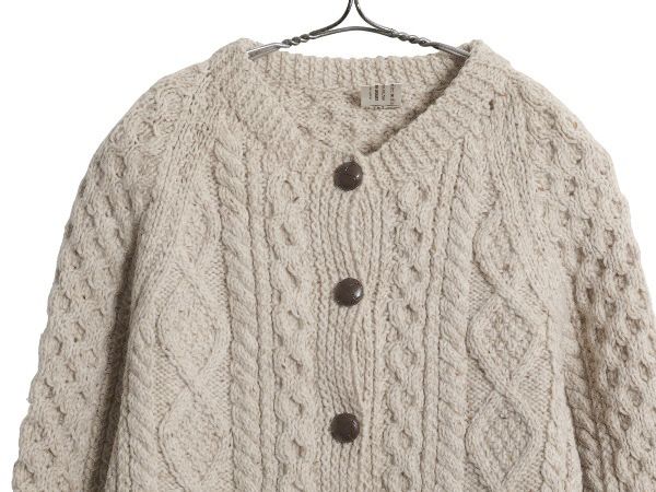 アイランド製 フィッシャーマン ウール ニット カーディガン レディース M 古着 ハンドメイド アラン ケーブル 前開き 丸首 羽織り重ね着