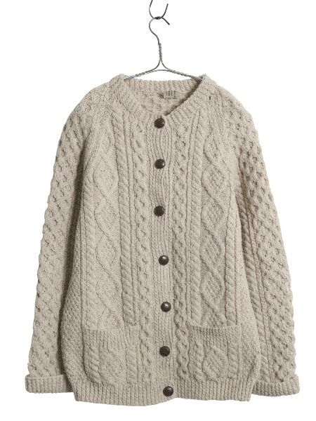 アイランド製 フィッシャーマン ウール ニット カーディガン レディース M 古着 ハンドメイド アラン ケーブル 前開き 丸首 羽織り重ね着