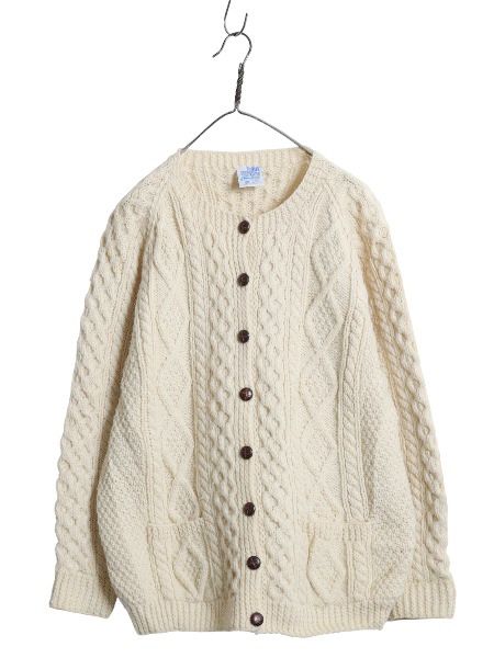 90s アイランド製 JOHN MOLLOY フィッシャーマン ウール ニット カーディガン レディース XL ハンドメイド ケーブル ナチュラル