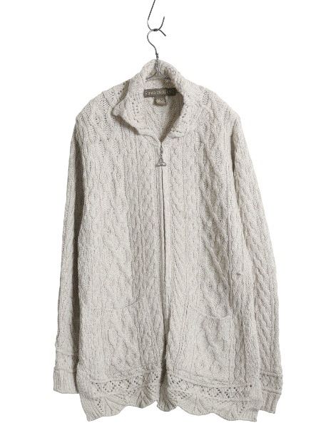 90s アイルランド製 INIS CRAFTS フルジップ フィッシャーマン ニット セーター ジャケット レディース M メリノ ウール ロング