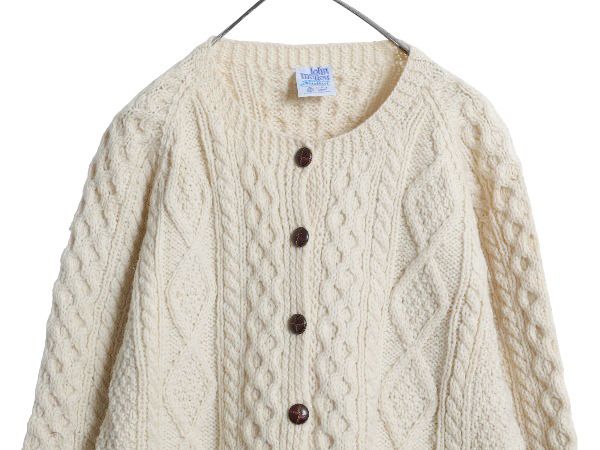 90s アイランド製 JOHN MOLLOY フィッシャーマン ウール ニット カーディガン レディース XL ハンドメイド ケーブル ナチュラル