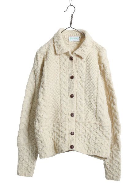 アイランド製 GLENCREE フィッシャーマン ウール ニット カーディガン レディース M アラン ケーブル セーター 羽織り 前開き ナチュラル