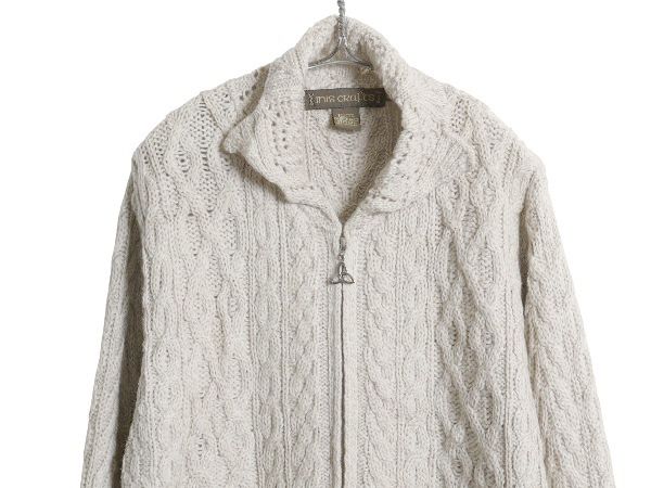 90s アイルランド製 INIS CRAFTS フルジップ フィッシャーマン ニット セーター ジャケット レディース M メリノ ウール ロング
