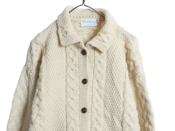 アイランド製 GLENCREE フィッシャーマン ウール ニット カーディガン レディース M アラン ケーブル セーター 羽織り 前開き ナチュラル