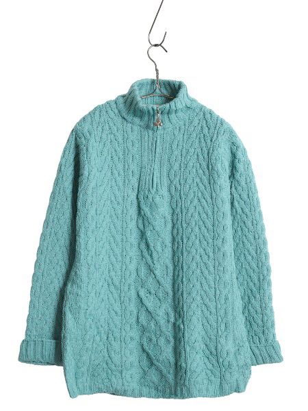 アイルランド製 aran crafts フィッシャーマン ニット セーター レディース XS メリノ ウール アラン ケーブル ハーフジップ ハイネック