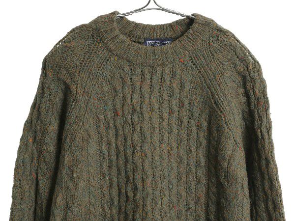 90s イギリス製 ランズエンド フィッシャーマン ウール ニット セーター レディース S アラン ケーブル ローゲージ 無地 カーキ