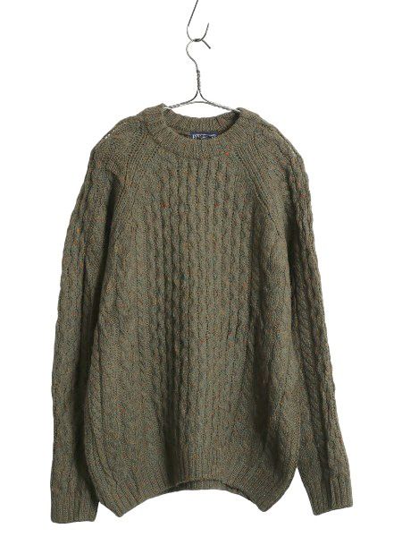 90 s イギリス製 ランズエンド フィッシャーマン ウール ニット セーター レディース アラン ケーブル ローゲージ 無地 カーキ