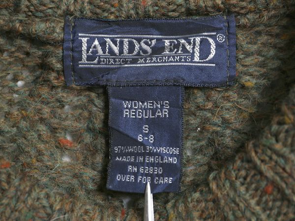  90 s イギリス製 ランズエンド フィッシャーマン ウール ニット セーター レディース アラン ケーブル ローゲージ 無地 カーキ 長袖 ニット セーター