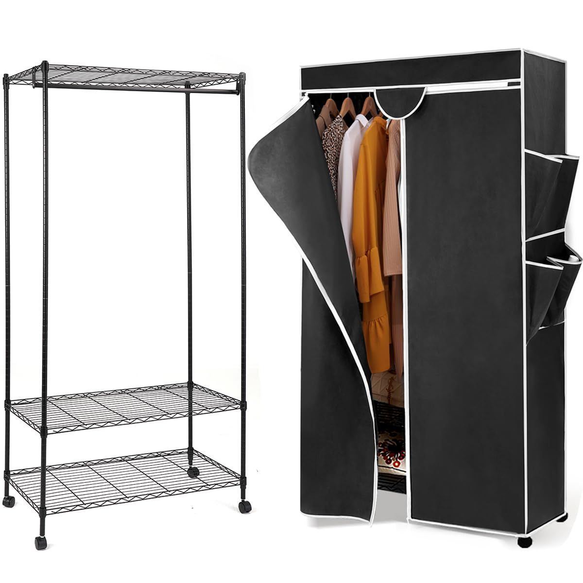 ハンガーラック幅92×奥行46×高さ173 cm ワードローブ クローゼット カバー付き キャスター付 スチールラック メタル スリム 省スペース おしゃれ 頑丈 ハンガーかけ コートハンガー 洋服収納 ブラック
