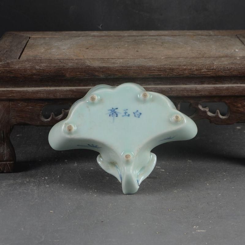 景徳鎮 陶磁 手画青花 小馬 扇形 筆洗 書道具 文房具 工芸品 美術品