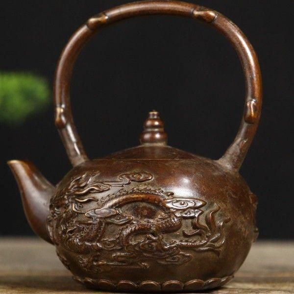 銅器 龍鳳提梁茶壺 茶道具 煎茶道具 浮き彫り 置物