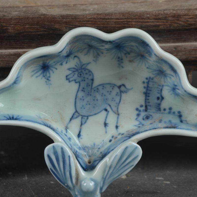 景徳鎮 陶磁 手画青花 小馬 扇形 筆洗 書道具 文房具 工芸品 美術品
