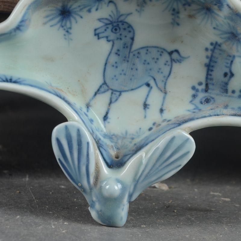 景徳鎮 陶磁 手画青花 小馬 扇形 筆洗 書道具 文房具 工芸品 美術品