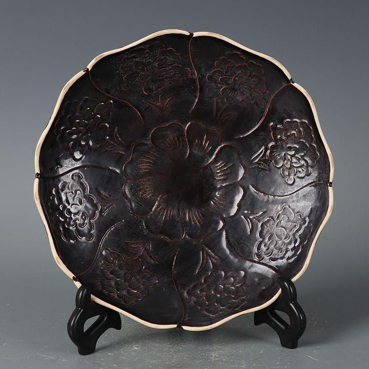 宋定窯 烏金釉刻牡丹茶盤 紫砂壷 壺承 装飾品 現代工芸品美術品 置物