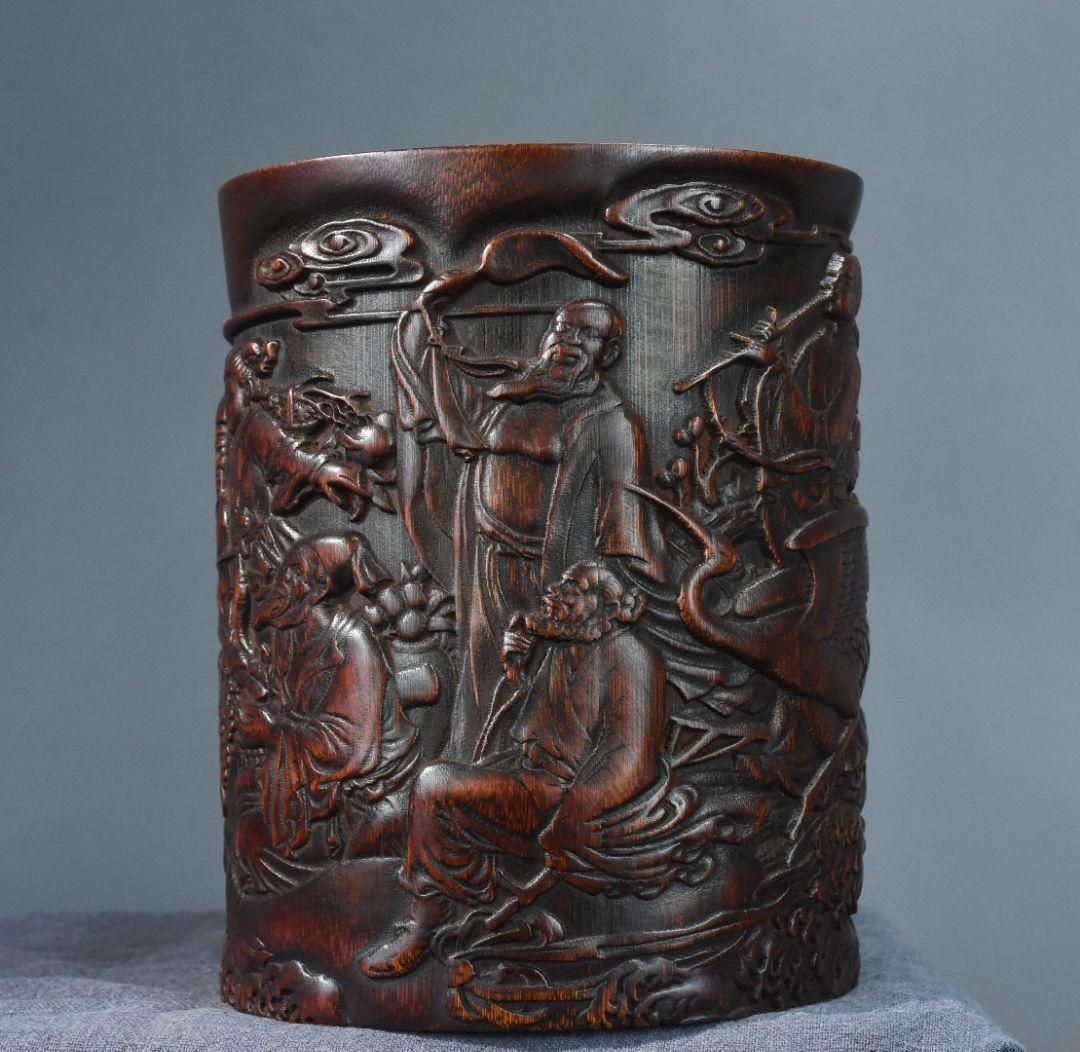 竹 彫刻 八仙海を渡ります筆箱 書道具 文房具 置物